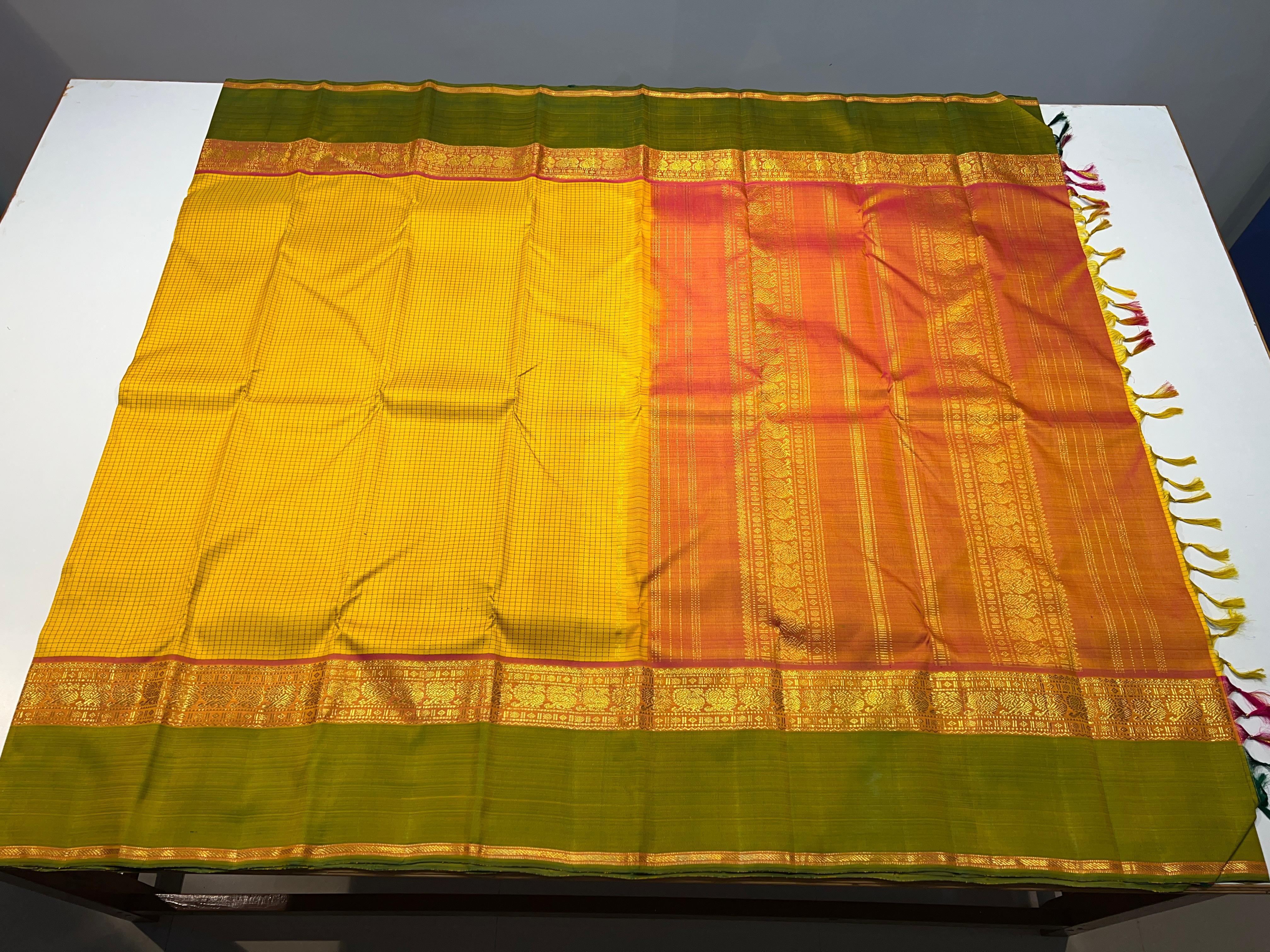 YELLOW & GREEN COLOUR COMBINATION KANCHIPURAM SILK SAREE