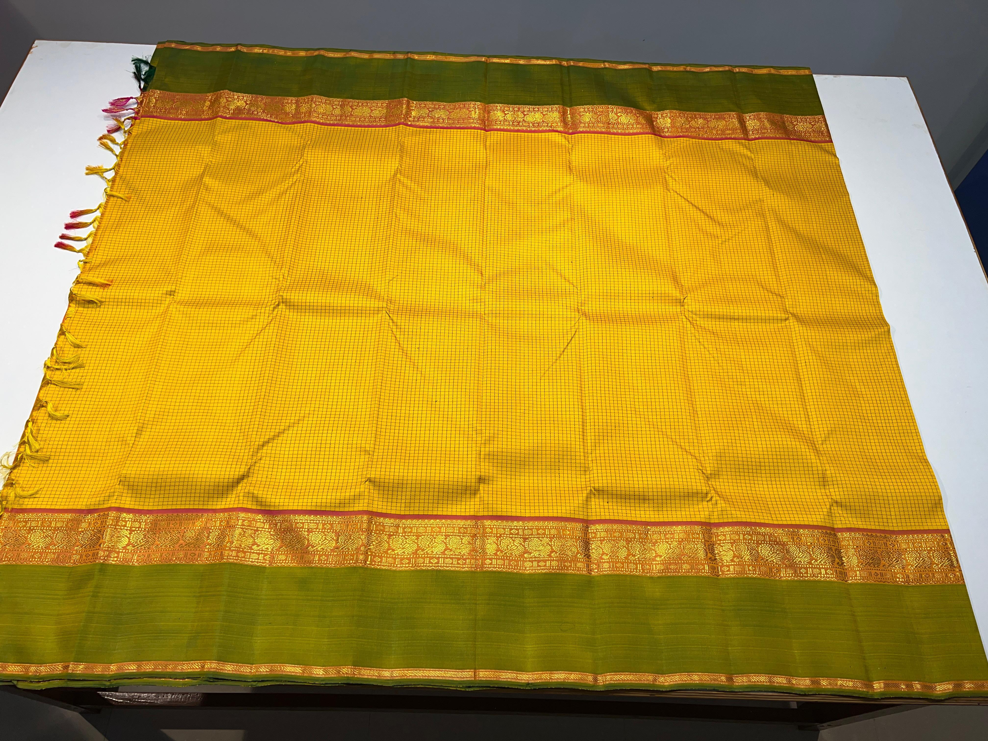 YELLOW & GREEN COLOUR COMBINATION KANCHIPURAM SILK SAREE