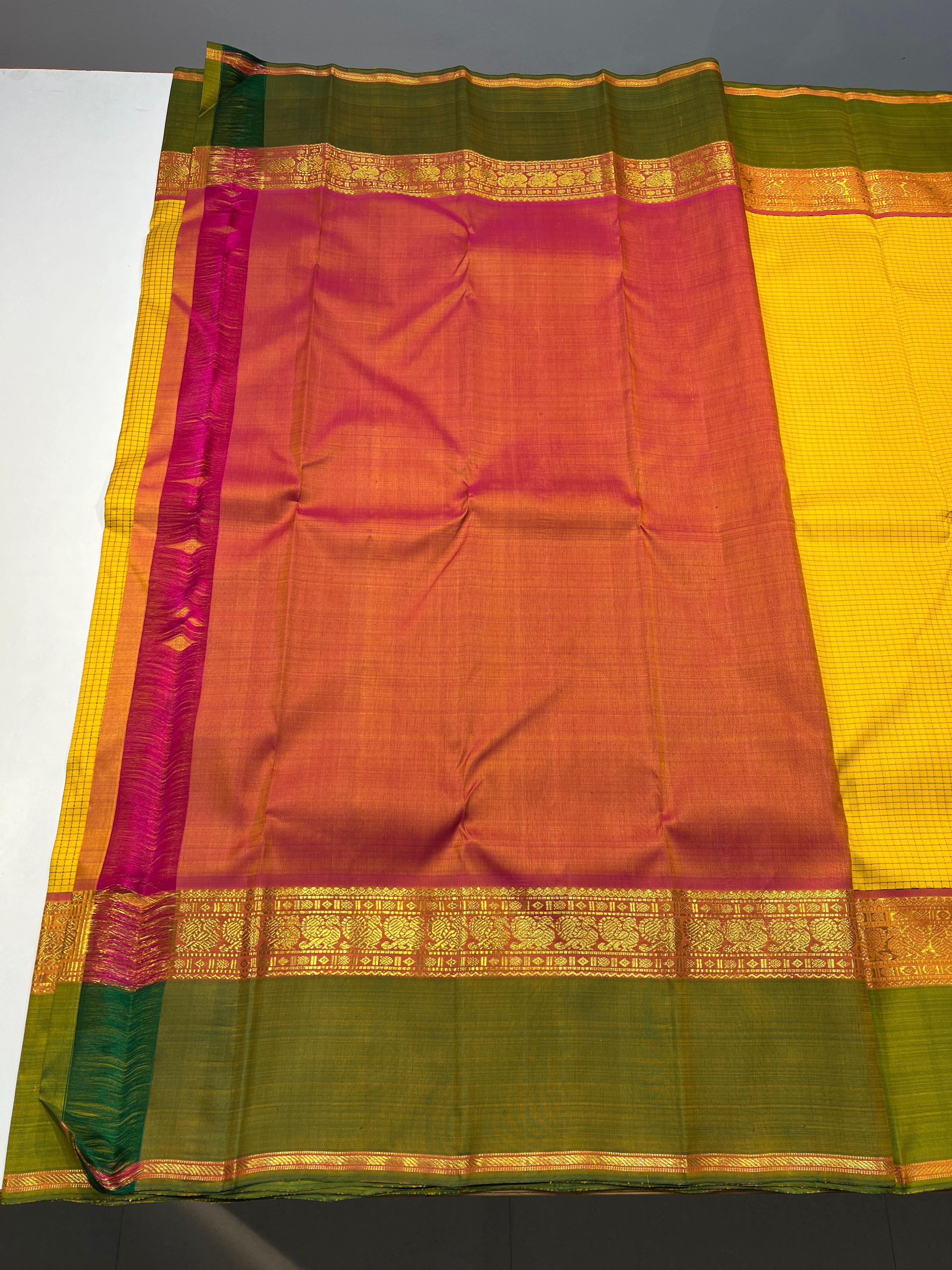 YELLOW & GREEN COLOUR COMBINATION KANCHIPURAM SILK SAREE