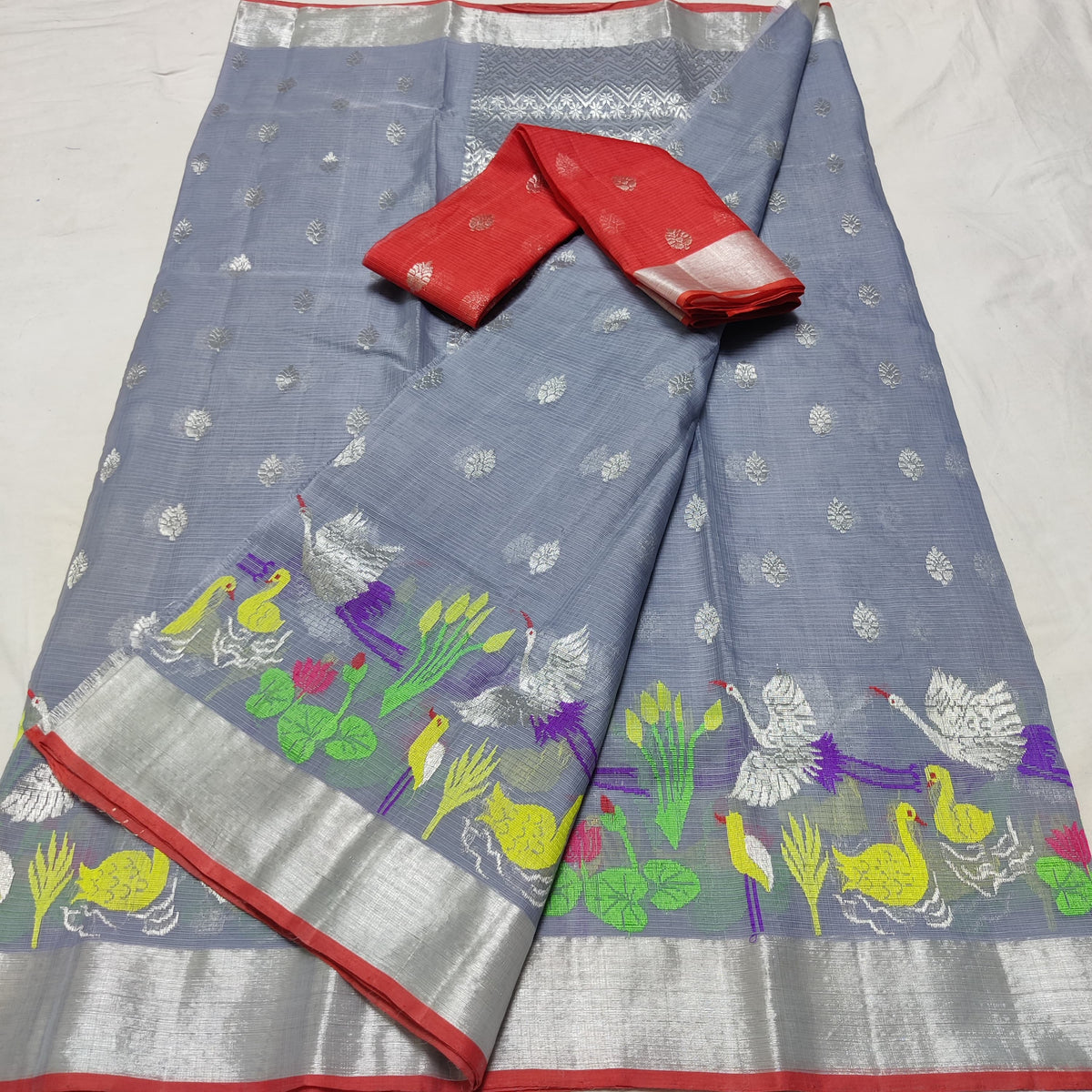 GREY COLOUR & SILVER BORDER ZARI KOTA SAREE