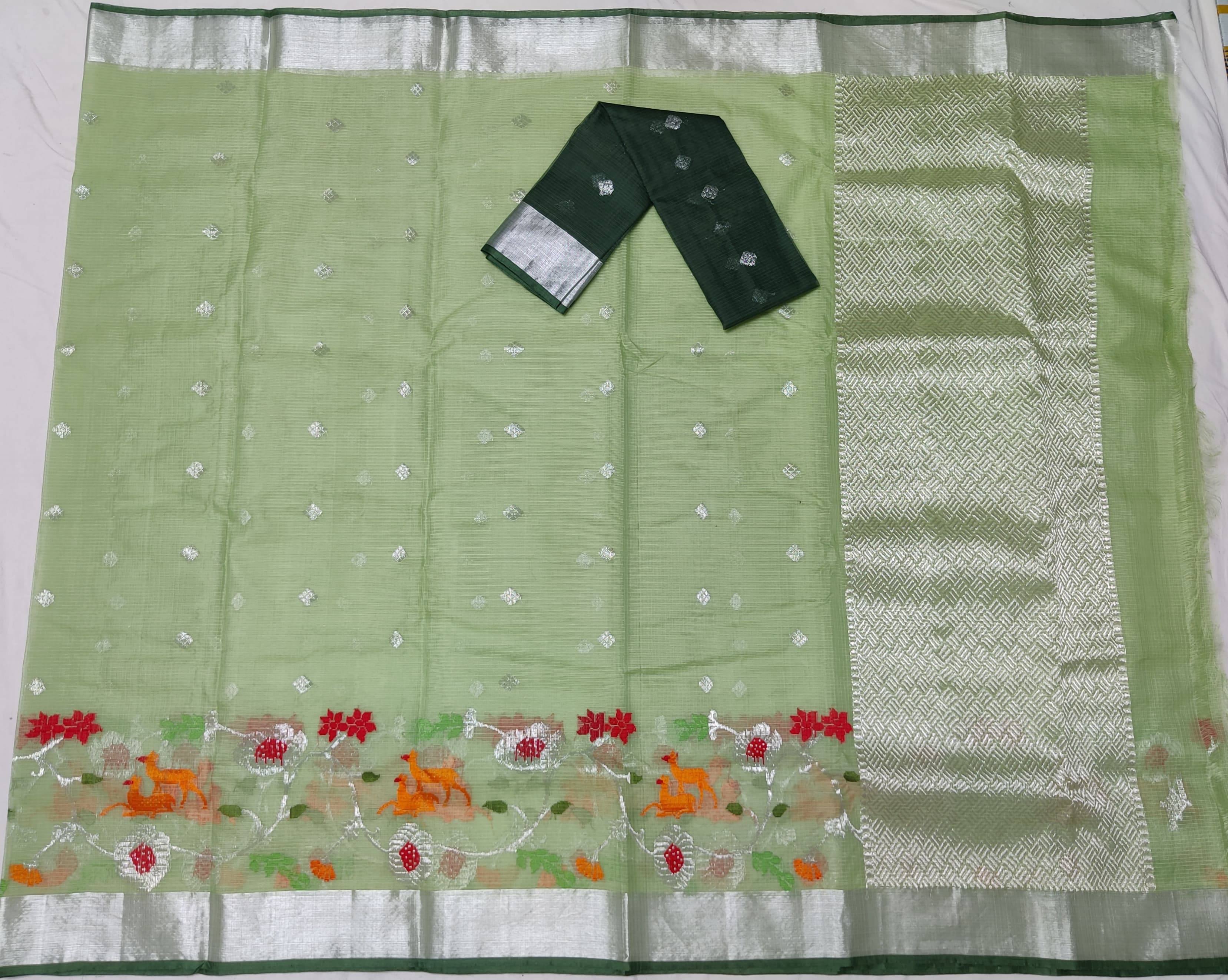 LIGHT GREEN COLOUR & SILVER BORDER ZARI KOTA SAREE