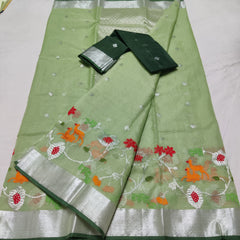 LIGHT GREEN COLOUR & SILVER BORDER ZARI KOTA SAREE