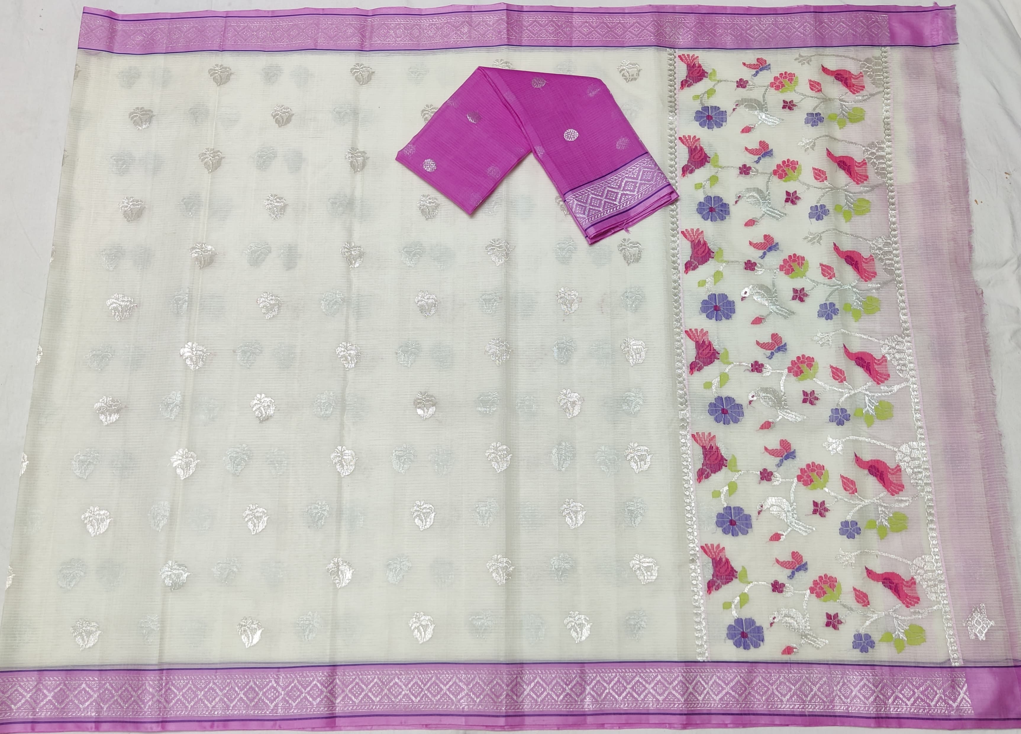 SILVER COLOUR & PINK BORDER ZARI KOTA SAREE