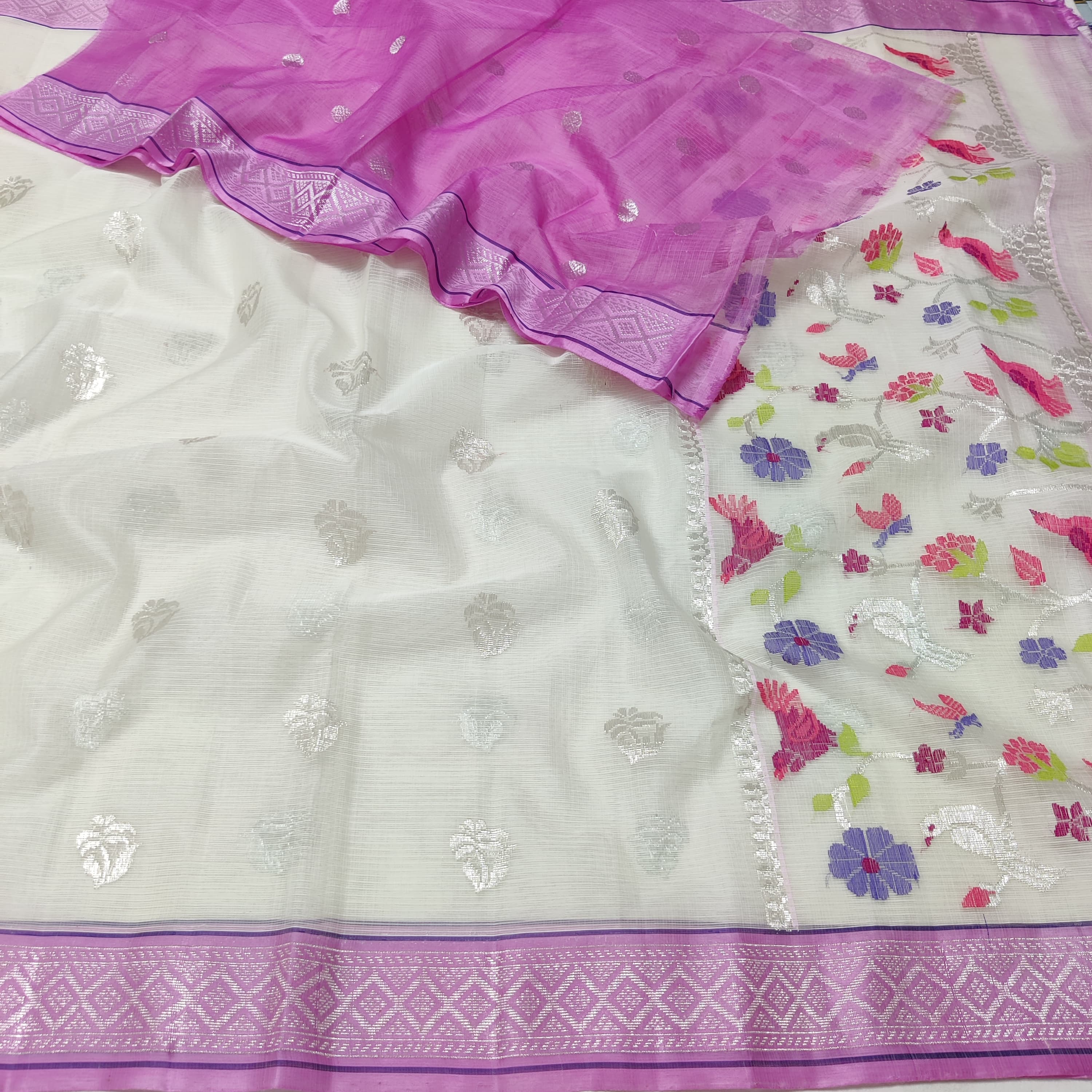 SILVER COLOUR & PINK BORDER ZARI KOTA SAREE