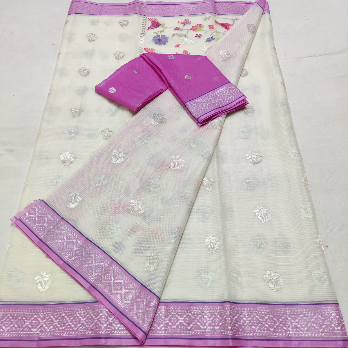 SILVER COLOUR & PINK BORDER ZARI KOTA SAREE