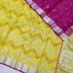 YELLOW COLOUR & PINK BORDER ZARI KOTA SAREE