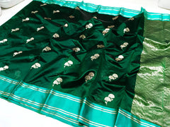 Elegant Green Silk Saree with Silver Leaf Motifs